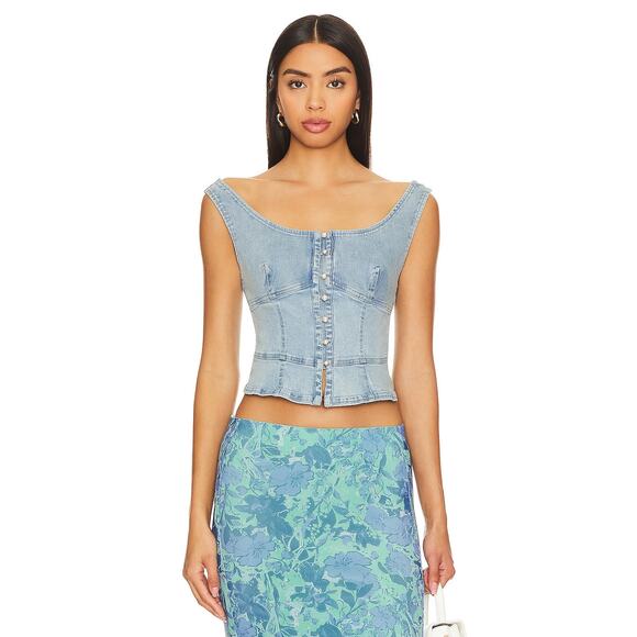 Free‎ People Sally Denim Corset Top In Daylight Sky Combo Size XS - Picture 1 of 13